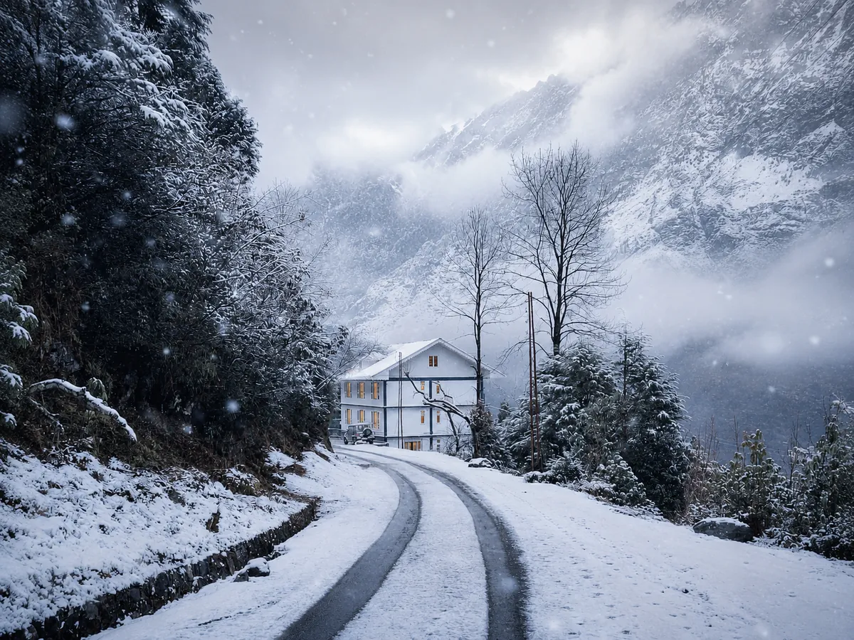 Snow-covered road and Himalayan mountains near Lachung